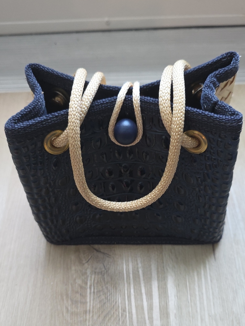 Eldena’s Collection Mini Navy Blue Croc Embossed Straw Tote Bag